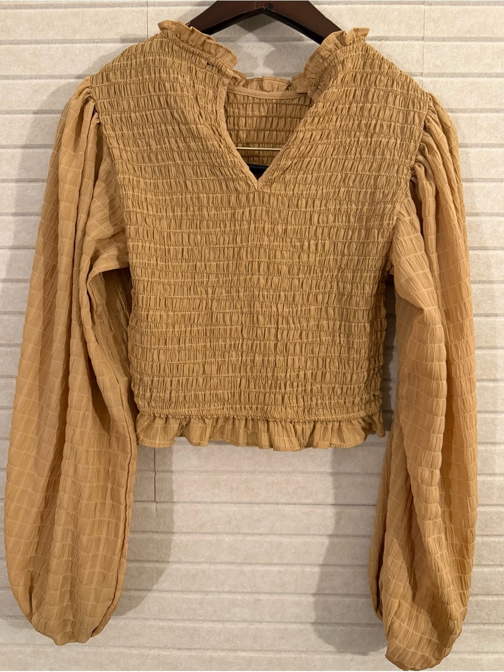 HYFVE Smocked Peasant Blouse in Camel Tan
